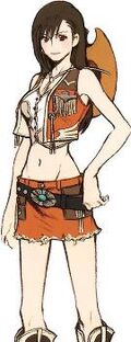 A girl at an angle to the viewer, with an orange cowboy-type miniskirt and midriff-baring shirt. A cowboy hat is strapped to her back.