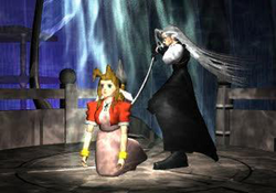 A brown-haired girl in a pink dress is stabbed in the back by a white-haired man wearing black clothing.