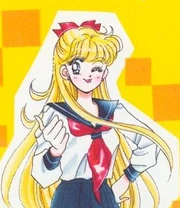 Minako as depicted in manga, drawn by . The bright colors and teasing expression are characteristic of her personality and portrayal; her uniform is different from the other girls' because she attends a different school.