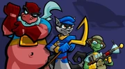 The Cooper gang (Before Sly 3): (from left to right) Murray, Sly, and Bentley, along with Sly's logo in the upper right