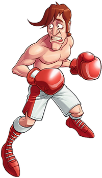 Drawing of a skinny shirtless man with red hair, red boxing gloves, and white-and-red shorts and shoes. He is looking to the left and appears worried.