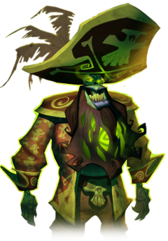 An undead man in a stereotypical pirate captain's outfit and a large tricorn hat, which bears a skull and crossbones. With green skin, illuminate green eyes and a glowing beard, the pirate is grinning manically.