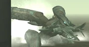 Metal Gear RAY holding a downed  aircraft, as seen in 