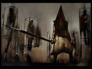 A screenshot of a painting found in a video game; a pale-skinned, spear-wielding and muscular monster with a red, triangular head stands in the center, surrounded by caged humanoids.