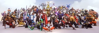 A promotional image of the 21 different playable characters on the launch of the video game Overwatch'"`UNIQ--ref-00000000-QINU`"'