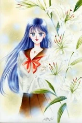 Rei in her unique school uniform, drawn by  for the short story Casablanca Memories. The deliberate elegance of her character design is frequently emphasized in such images.