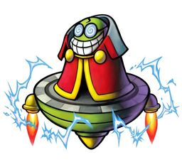 Fawful has a large grin, swirly glasses, green skin, and a robe covering most of his body. He rides atop a flying machine, with lightning surrounding him.