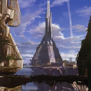Concept art for Forerunner structures in Halo 2, showcasing the Forerunners' ancient, angular design (art by Eddie Smith)