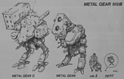 A comparison of Metal Gear designs from the early MSX2 games. From left to right: Metal Gear D (), Metal Gear (), Mk. II (), and Petit ().