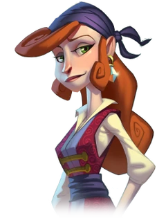 A woman depicted in a stylized art form. Possessing long red hair and green eyes, the woman wears a traditional pirate outfit with a blue headscarf. An earring with a large diamond hangs from her left ear.