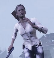A young woman is running towards the camera. She is wearing a white shirt, tucked in on one side, and blue jeans. She has a handgun in her right hand, and a rifle on her back. Her hair is blonde, and her expression is one of determination. In the background are the wheels of an overturned train are seen, and snow is sprinkling down.
