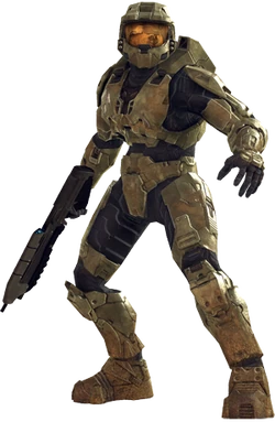 The top half of the article subject, a soldier encased in worn metal armor. He carries a black weapon resting on his shoulder, and wears a helmet with a reflective visor.
