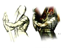 A monster with a concealed face was the concept behind Pyramid Head's design; Ito rejected his initial sketch (left), which resembled a masked human, and gave the creature a pyramid-shaped head (right)