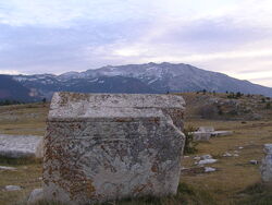 Ancient Bogumil's tombstones ( stecak ) , Cvrsnica in the background