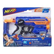 The Australian packaging for the blue re-release of the Firestrike with the grey trigger without the "Use Only Official Nerf Darts" logo.