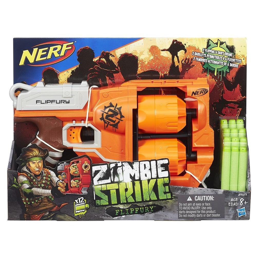 NERF Zombie Strike FlipFury Blaster - 2 Flipping 6-Dart Drums - Fire 6  Darts, Flip, Fire 6 More - 12 Nerf Zombie Strike Elite Darts (  Exclusive)