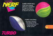 Listings for the Turbo Football, Turbo Sport Ball, and Boomerang from a 1992 product catalog.