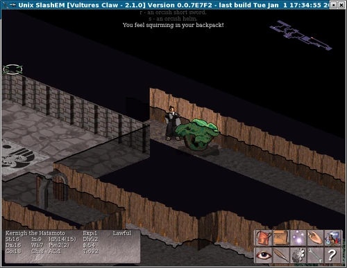 This screenshot, of the  interface for SLASH'EM, shows a  emerging from the inventory of a .