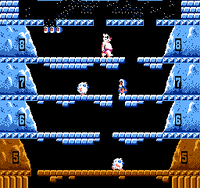 The Polar Bear about to force the screen up by stomping while Popo is scaling a mountain filled with Topis.
