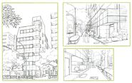 Various concept sketches for the exterior shots of the building.