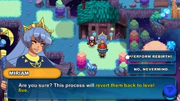 Miriam asking the player if he wishes to rebirth all the Nexomon in his/her party.