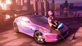 Sitting on the hood of her 2009 Nissan 370Z while working on her laptop (Need for Speed: Nitro)