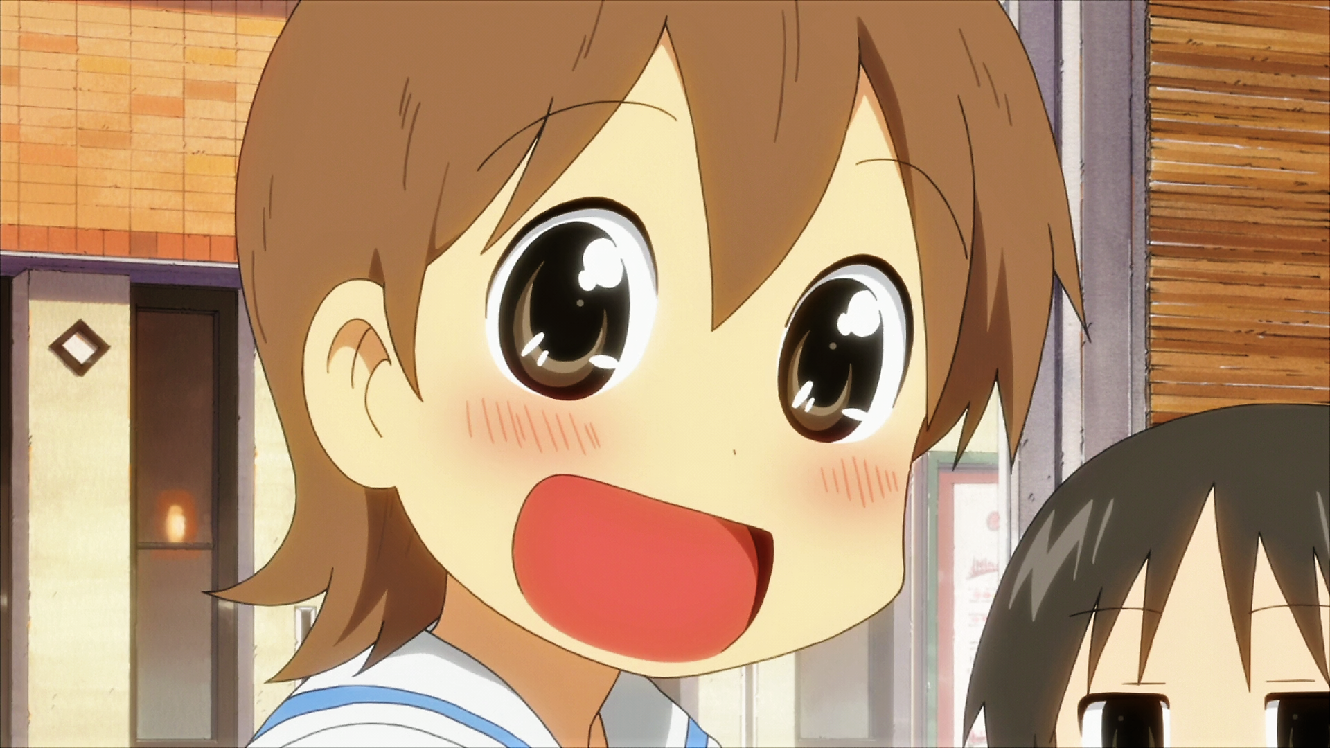 open mouth, closed eyes, smiling, redhead, ear, anime, Nichijou