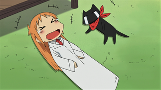 Hakase and Sakamoto laughing at the Daruma Doll