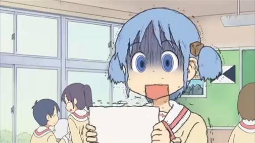 open mouth, closed eyes, smiling, redhead, ear, anime, Nichijou