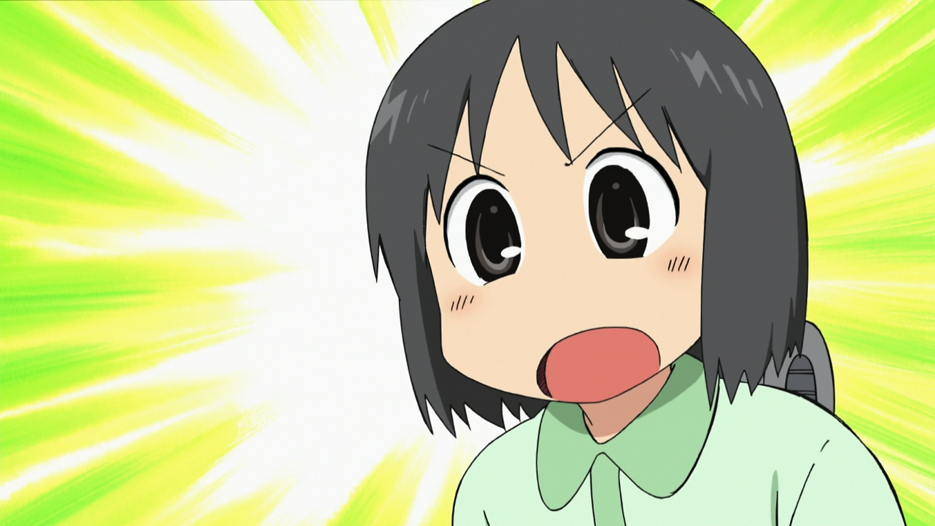 open mouth, closed eyes, smiling, redhead, ear, anime, Nichijou