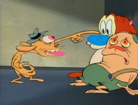 Ren pointing at stimpy