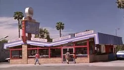 The exterior of the restaurant, as seen in the movie.