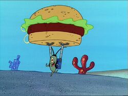 Plankton making off with a Krabby Patty