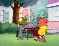 Doug, Porkchop, and Skeeter gather around the remains of Mr. Dink's grill.