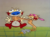 Stimpy being strangled by a furious Ren.