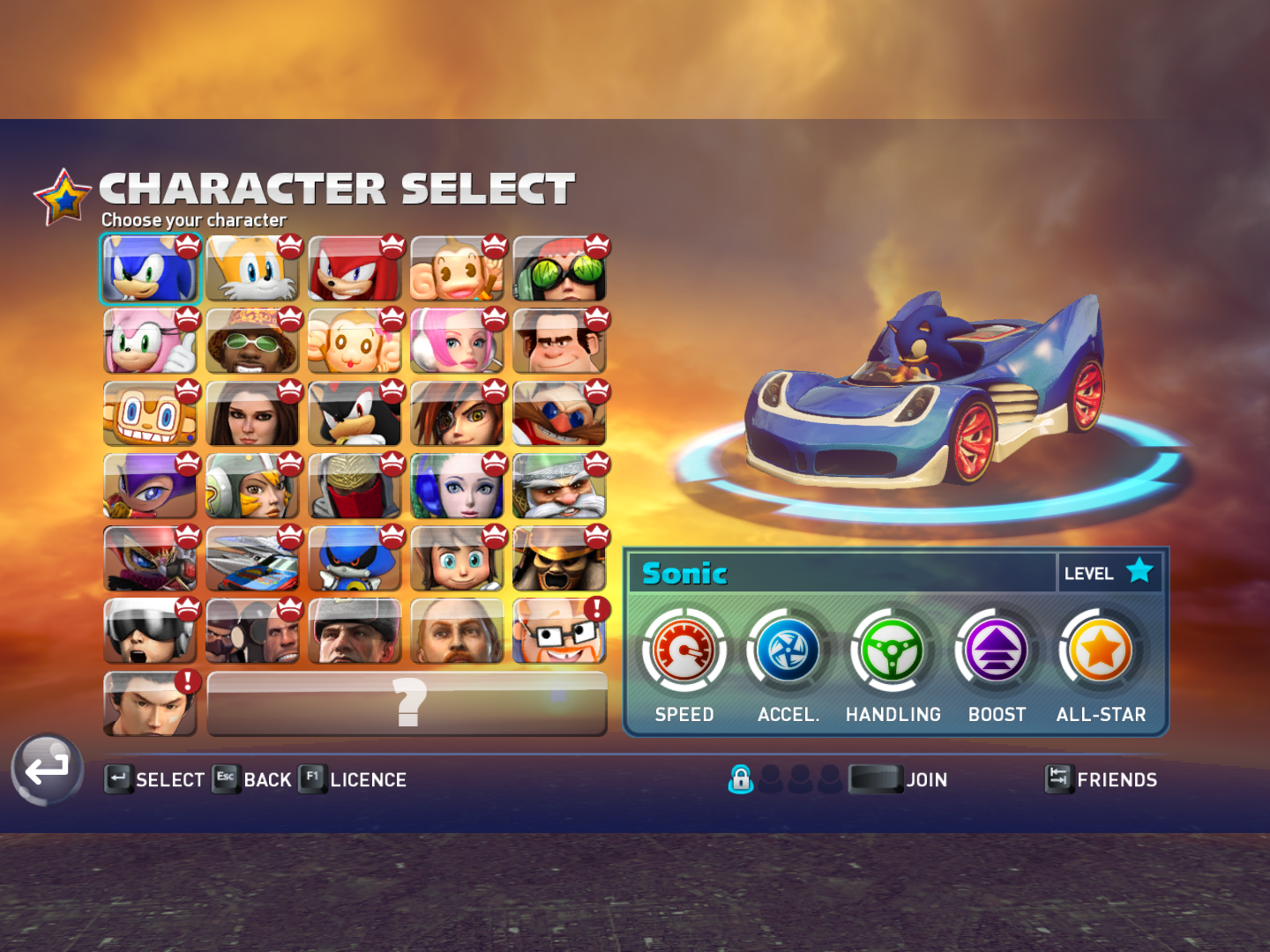 sonic and all stars racing transformed characters