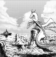Wind Dragon stood on the rocky shore, looking at the JMSDF destroyer Myoukou. (Large Enough to Rival Ships in Size)