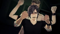 Junpei being restrained by Carlos in the Decontamination Room.