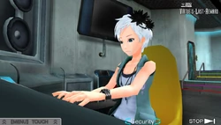 Phi using the computer in the Security office.