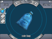 A blue bag filled with coins.