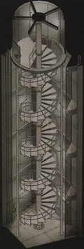 The spiral staircase behind Door q.