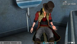 Dio handcuffed to the Infirmary sink.