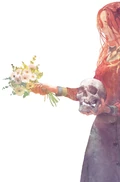 Diana holding a skull in one hand and daisies in the other.