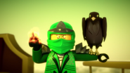 The Falcon perched on the arm of the Green Ninja in Zane's dream