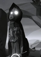 Hooded statue resembling the sphinx-like monsters