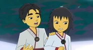 Kataru and Akita in 2D animation.