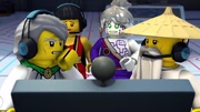Wu with Garmadon, Nya and P.I.X.A.L.
