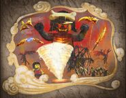 The Scythe of Quakes next to the Sword of Fire in the Pilot Episodes Ninjago history mural