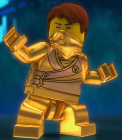 LEGO Ninjago Jay Rebooted minifigure with two golden swords and techno  blade.