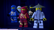 The original four ninja (Jay, Zane, Kai, and Cole) with Master Wu in the Underworld